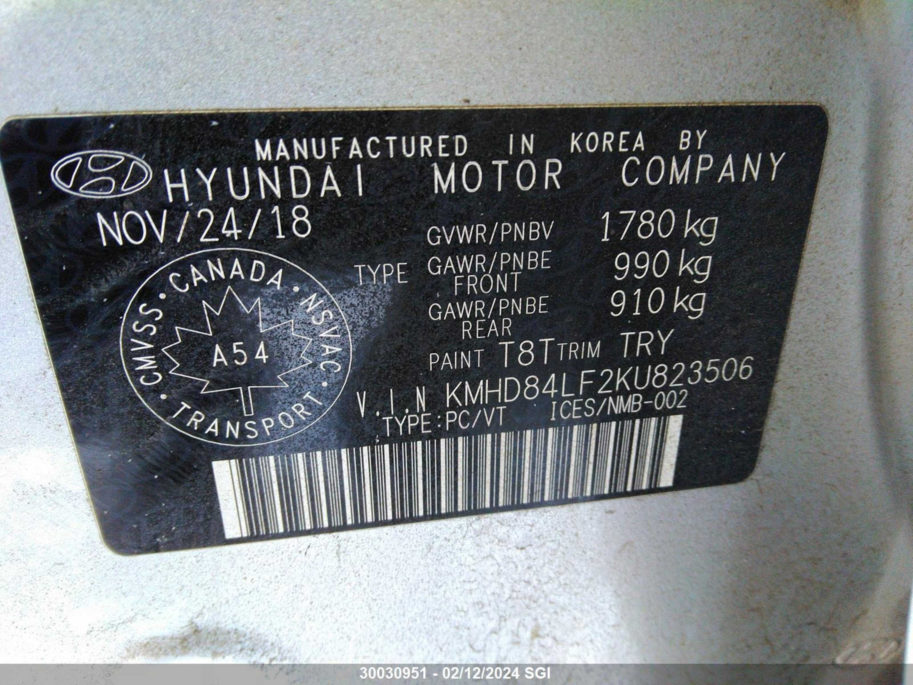 Photo 8 VIN: KMHD84LF2KU823506 - HYUNDAI ELANTRA 