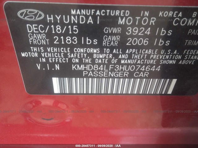 Photo 8 VIN: KMHD84LF3HU074644 - HYUNDAI ELANTRA 