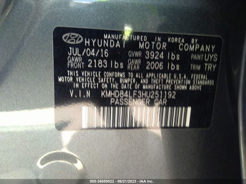 Photo 8 VIN: KMHD84LF3HU251192 - HYUNDAI ELANTRA 