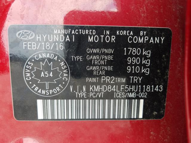 Photo 9 VIN: KMHD84LF5HU118143 - HYUNDAI ELANTRA SE 