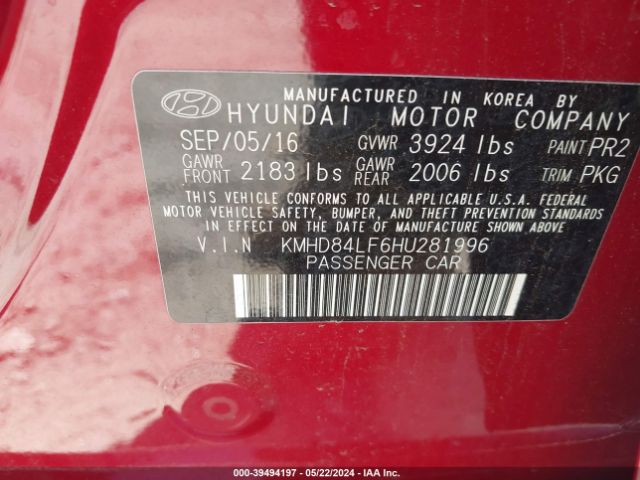 Photo 8 VIN: KMHD84LF6HU281996 - HYUNDAI ELANTRA 