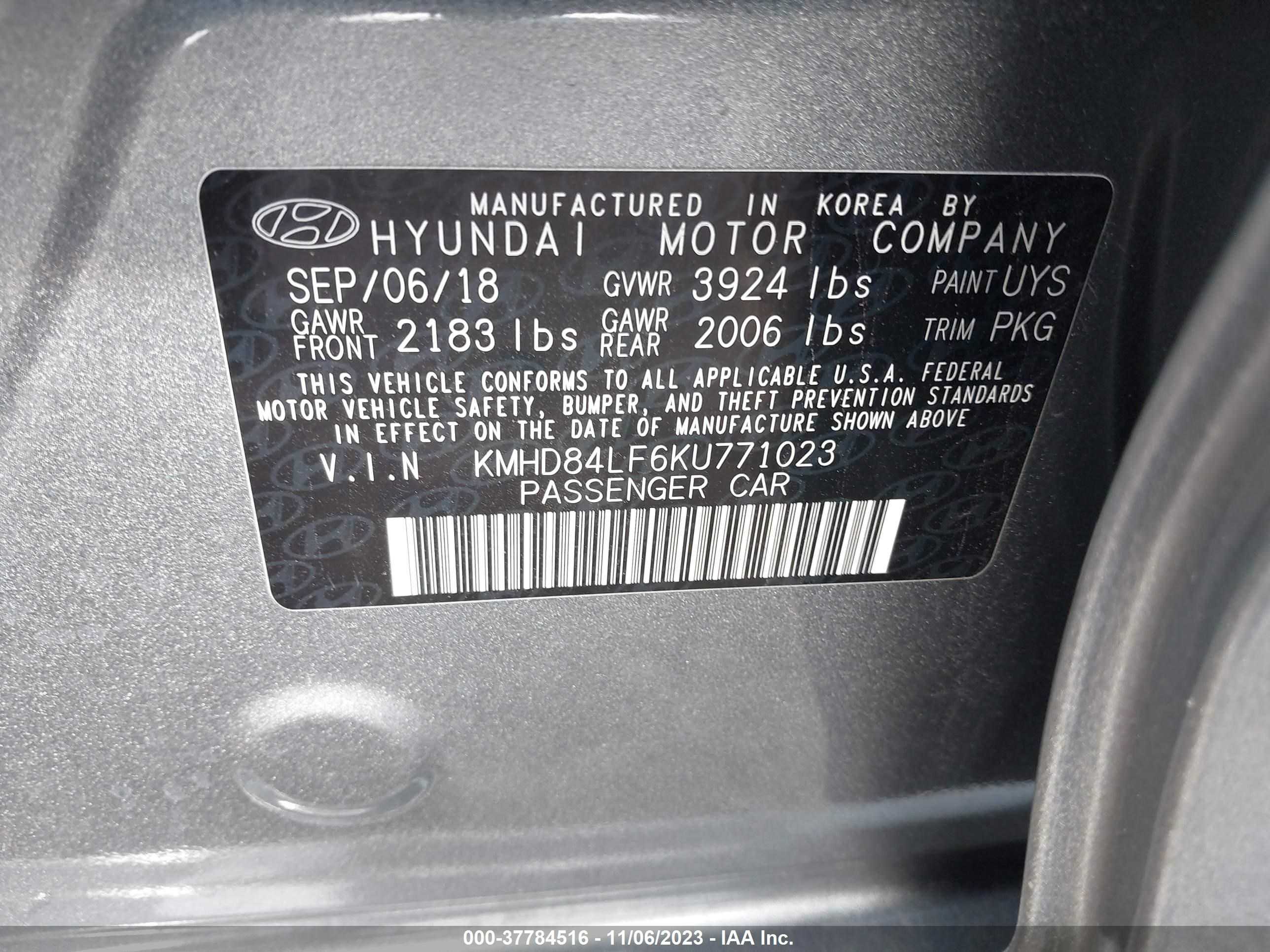 Photo 8 VIN: KMHD84LF6KU771023 - HYUNDAI ELANTRA 