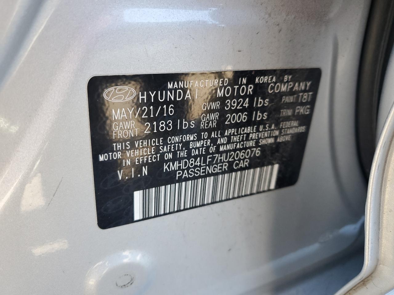 Photo 12 VIN: KMHD84LF7HU206076 - HYUNDAI ELANTRA 