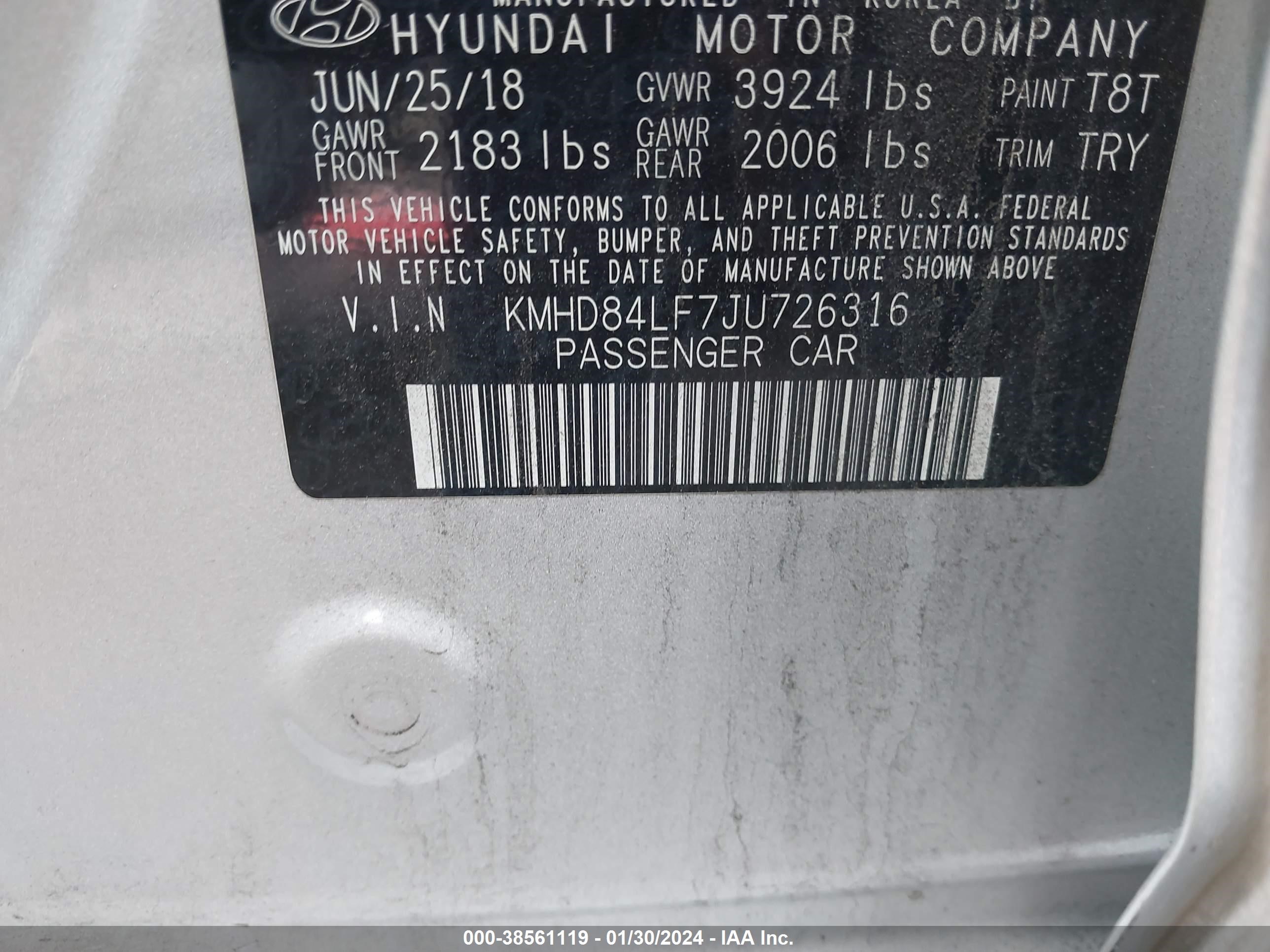 Photo 8 VIN: KMHD84LF7JU726316 - HYUNDAI ELANTRA 