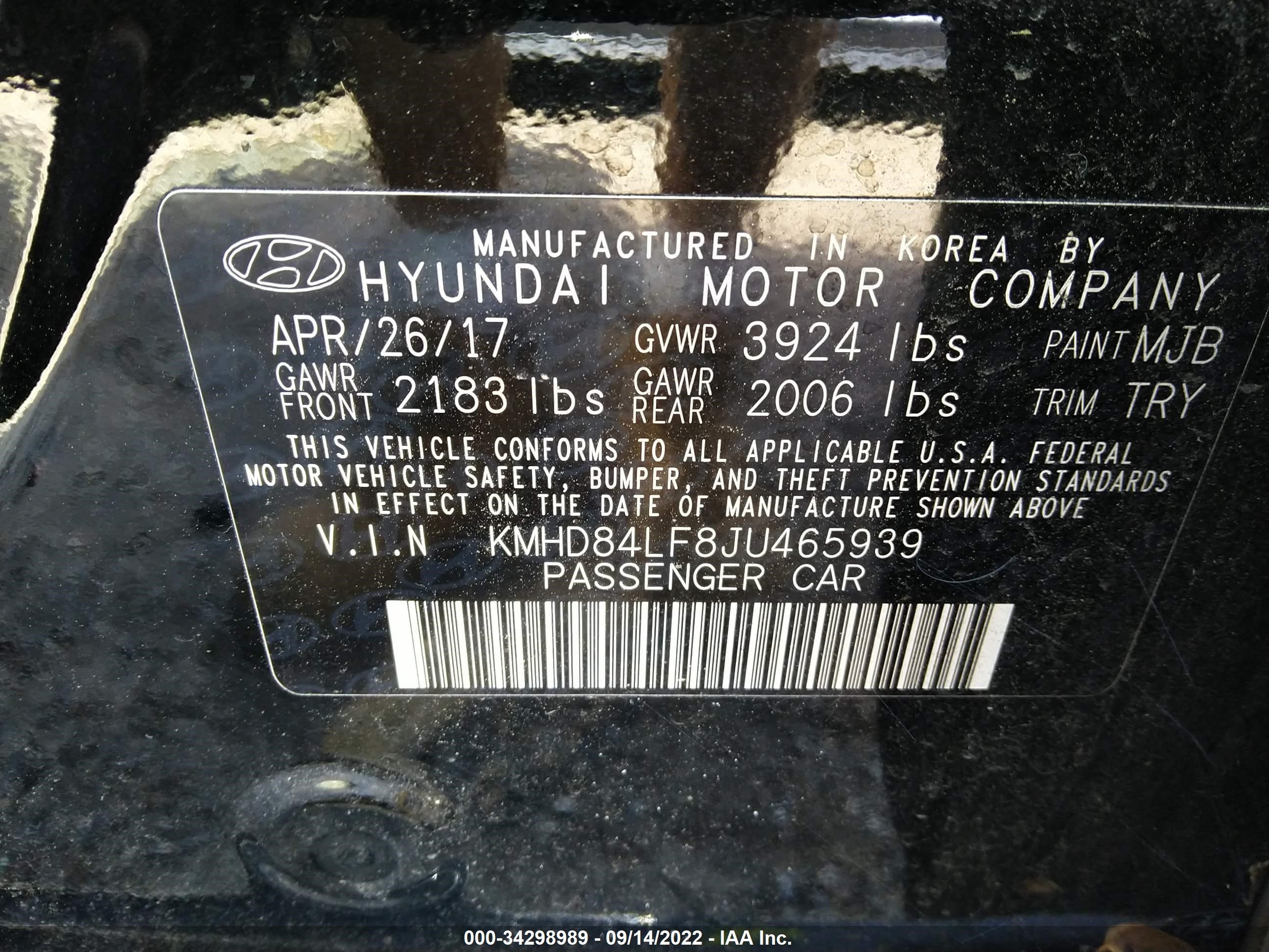 Photo 8 VIN: KMHD84LF8JU465939 - HYUNDAI ELANTRA 