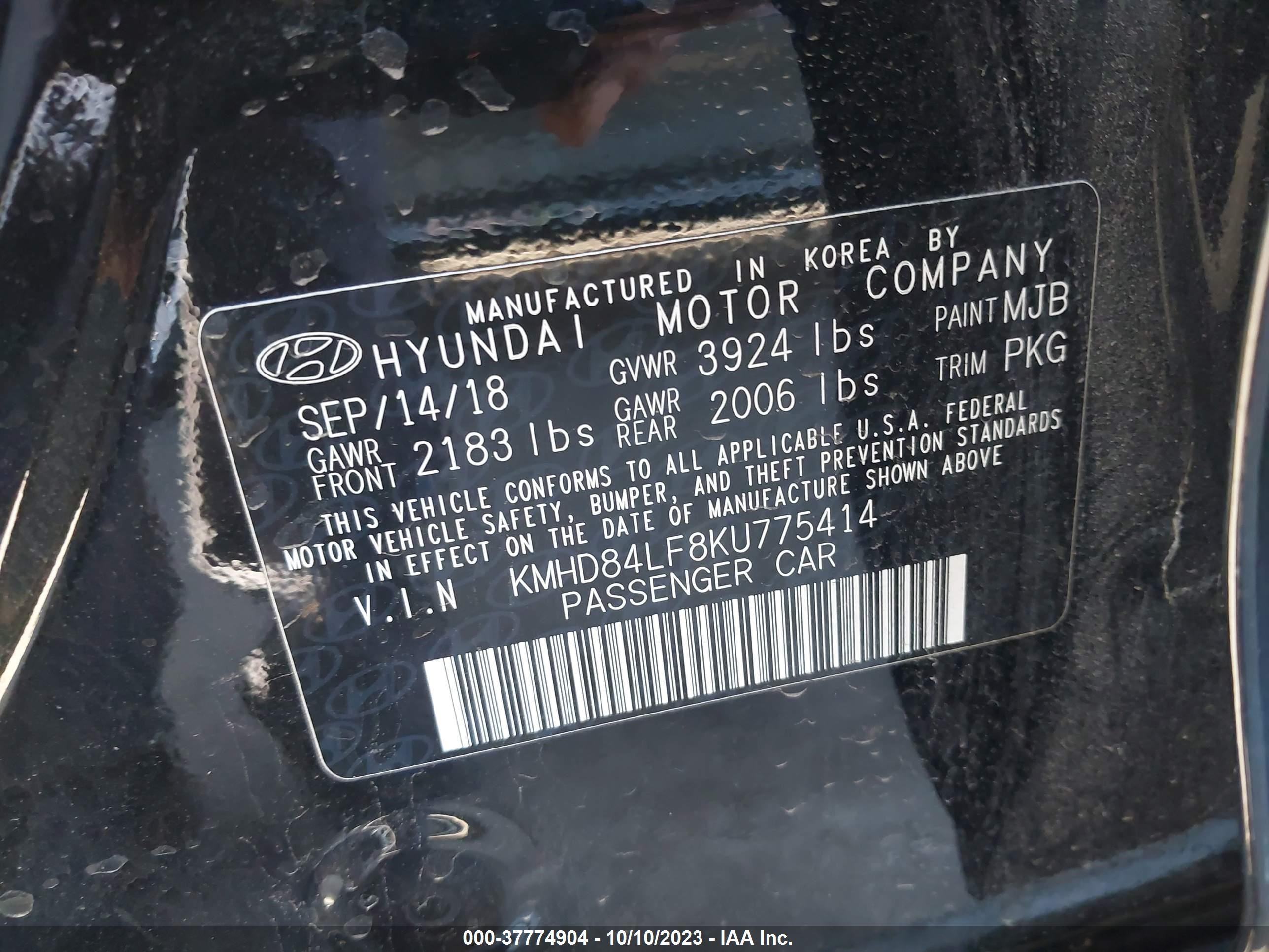 Photo 8 VIN: KMHD84LF8KU775414 - HYUNDAI ELANTRA 