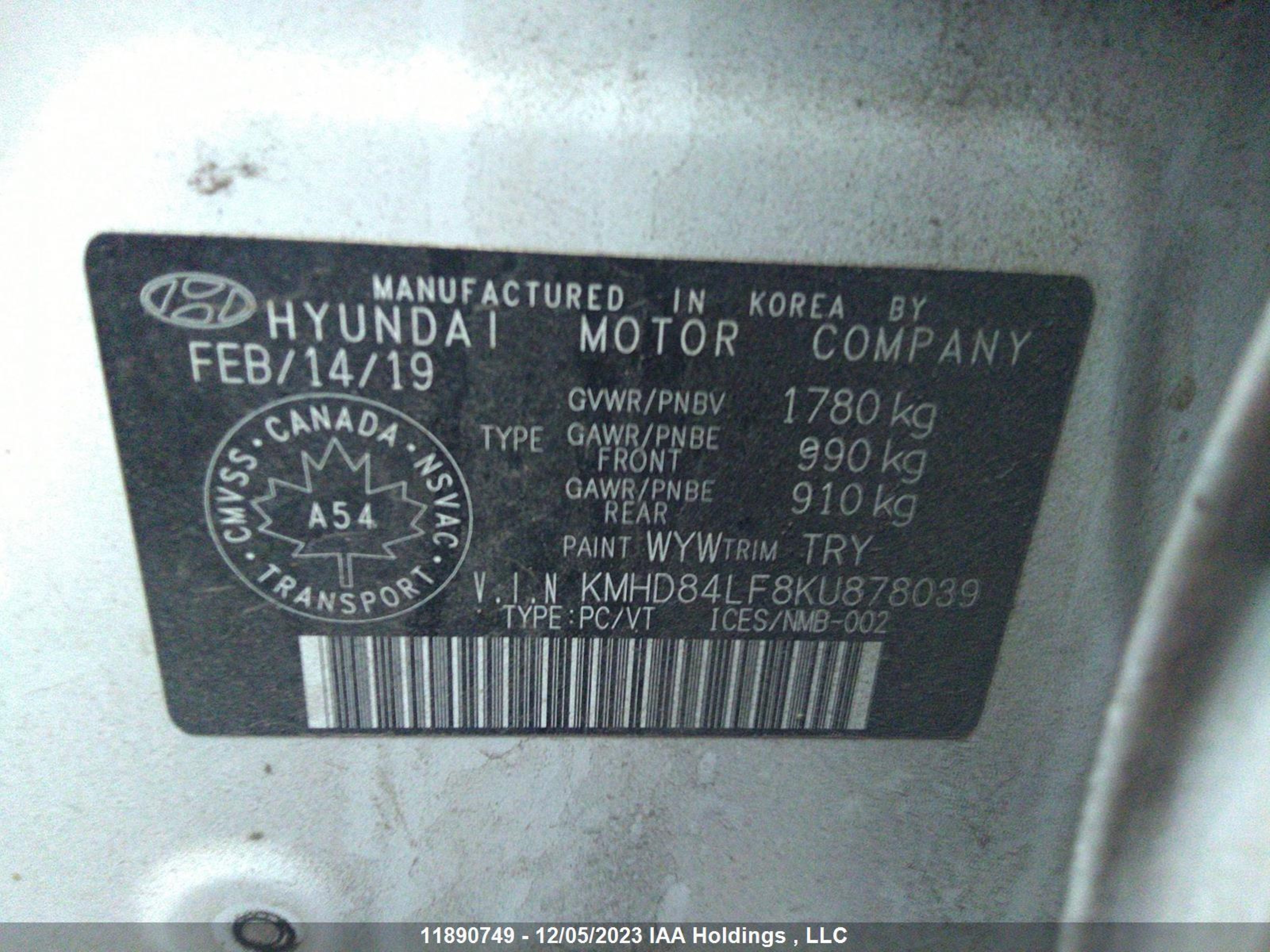 Photo 8 VIN: KMHD84LF8KU878039 - HYUNDAI ELANTRA 