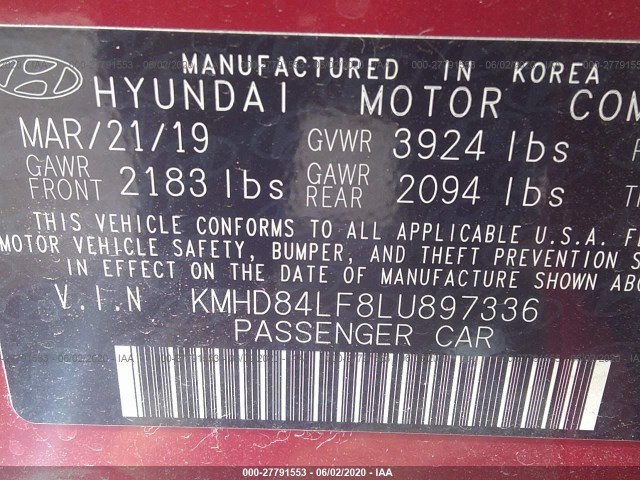 Photo 8 VIN: KMHD84LF8LU897336 - HYUNDAI ELANTRA 