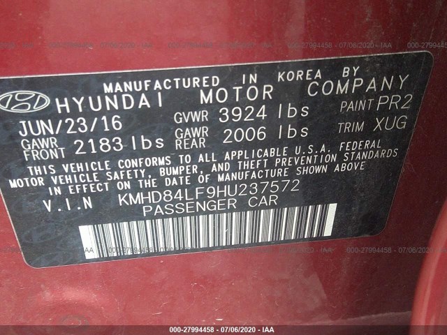 Photo 8 VIN: KMHD84LF9HU237572 - HYUNDAI ELANTRA 