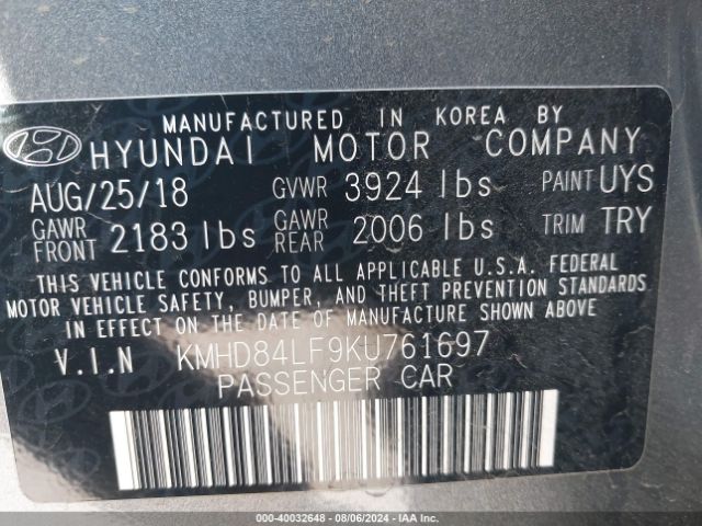 Photo 8 VIN: KMHD84LF9KU761697 - HYUNDAI ELANTRA 