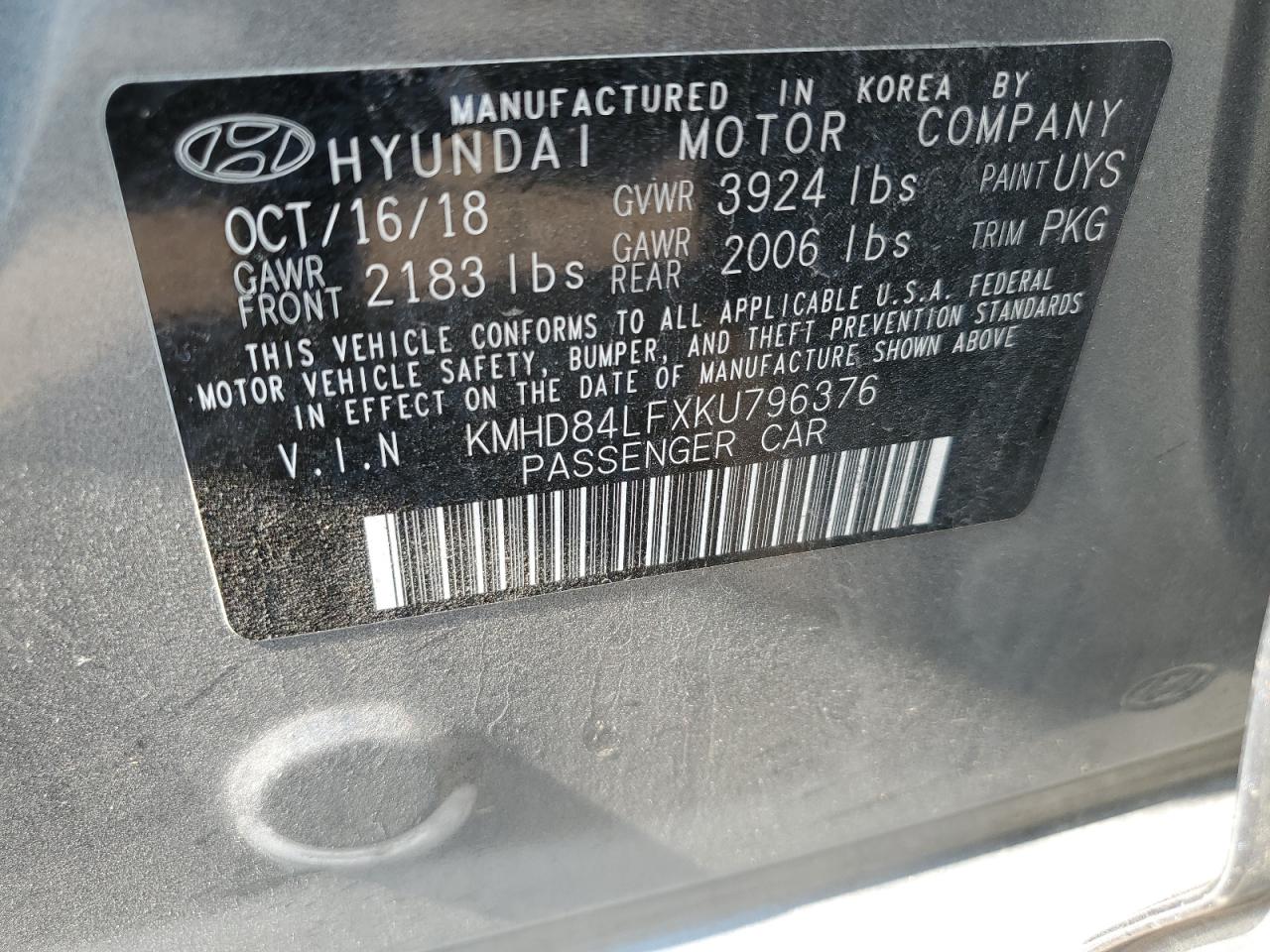 Photo 12 VIN: KMHD84LFXKU796376 - HYUNDAI ELANTRA 