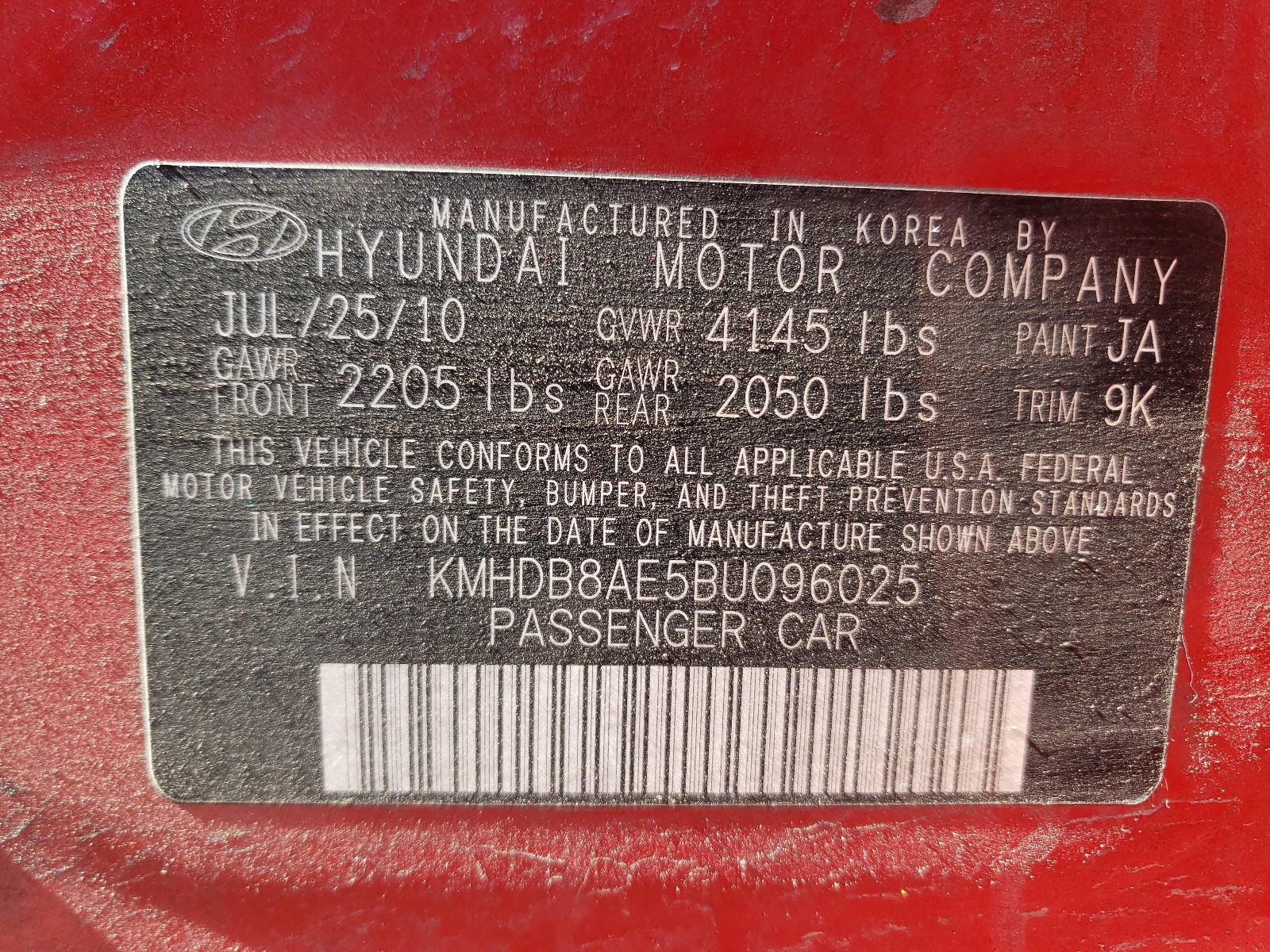 Photo 9 VIN: KMHDB8AE5BU096025 - HYUNDAI ELANTRA TO 