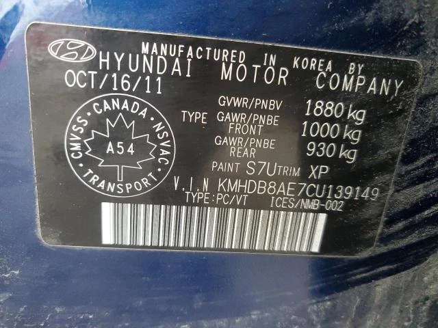 Photo 11 VIN: KMHDB8AE7CU139149 - HYUNDAI ELANTRA TO 