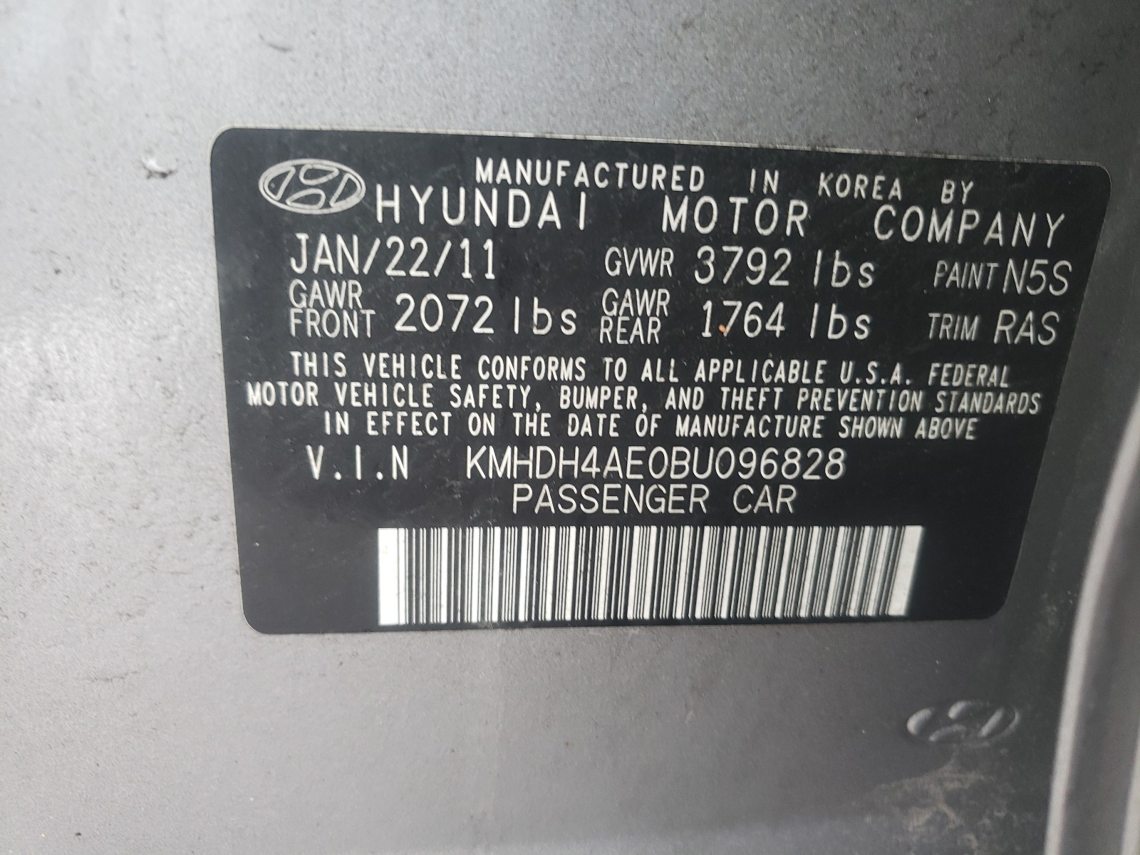 Photo 9 VIN: KMHDH4AE0BU096828 - HYUNDAI ELANTRA GL 