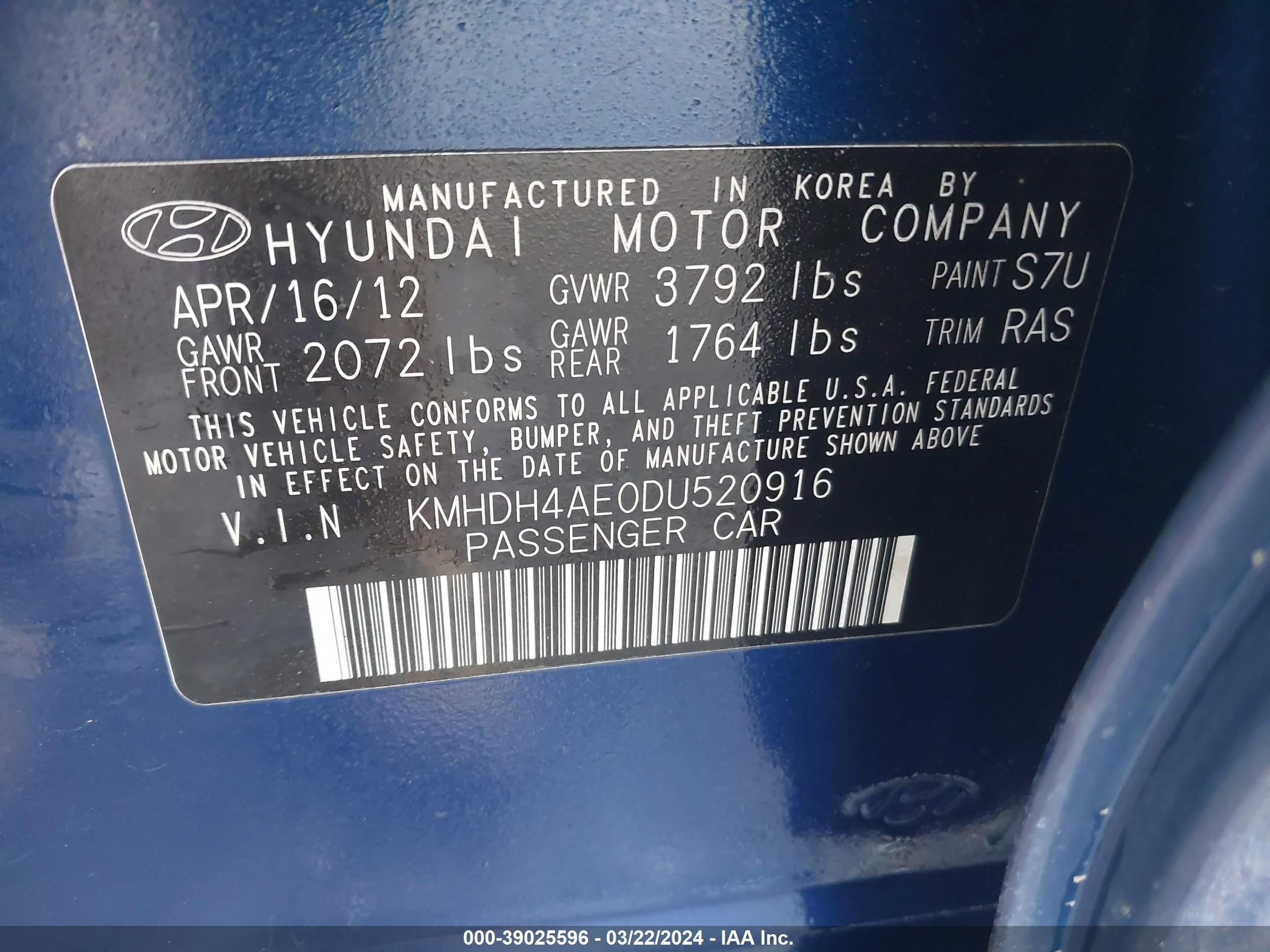 Photo 8 VIN: KMHDH4AE0DU520916 - HYUNDAI ELANTRA 