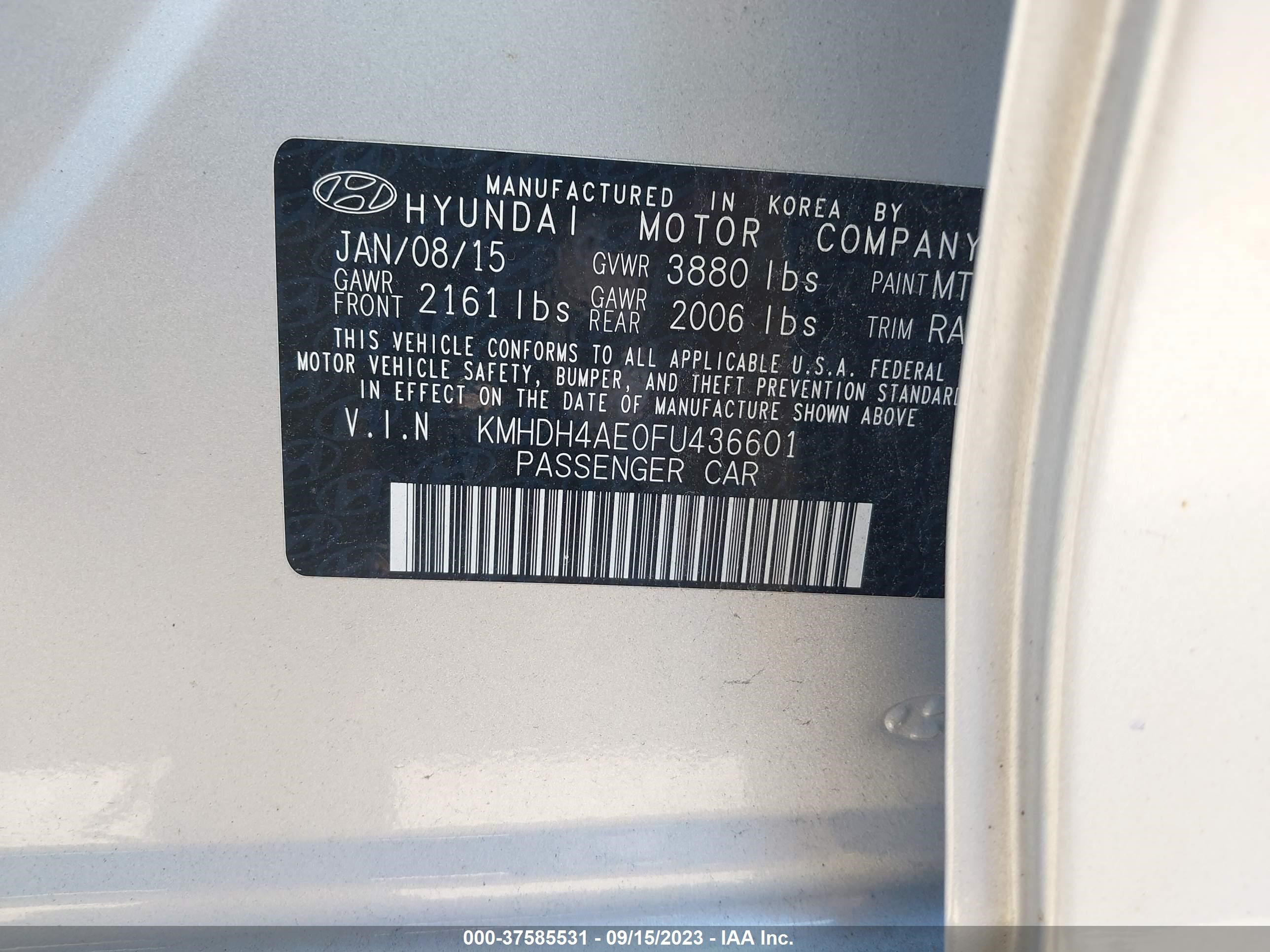 Photo 8 VIN: KMHDH4AE0FU436601 - HYUNDAI ELANTRA 