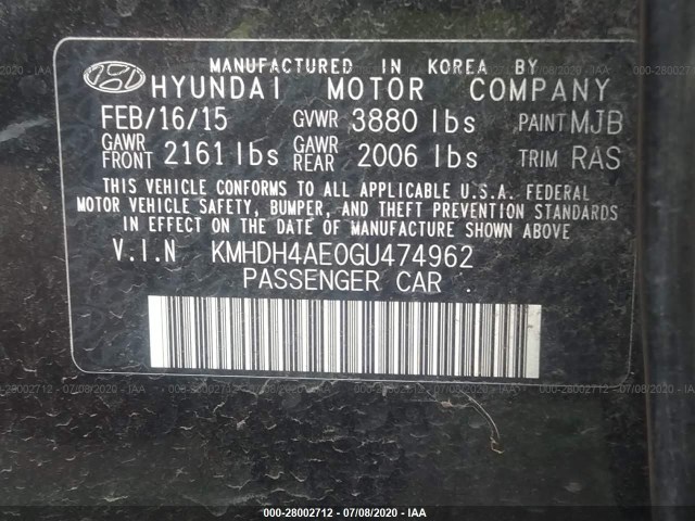 Photo 8 VIN: KMHDH4AE0GU474962 - HYUNDAI ELANTRA 