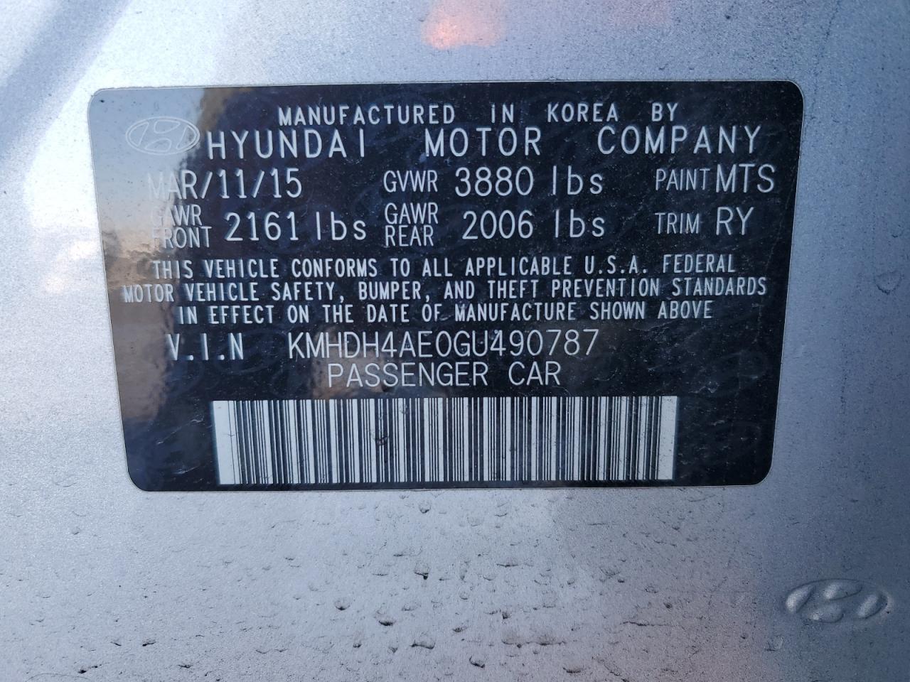 Photo 11 VIN: KMHDH4AE0GU490787 - HYUNDAI ELANTRA 