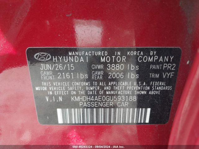 Photo 8 VIN: KMHDH4AE0GU593188 - HYUNDAI ELANTRA 