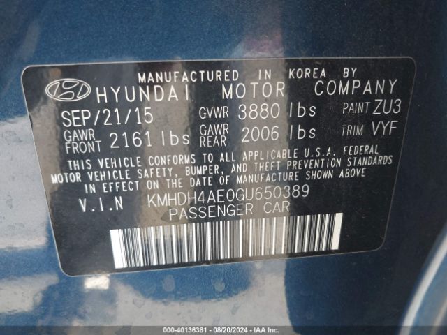 Photo 8 VIN: KMHDH4AE0GU650389 - HYUNDAI ELANTRA 