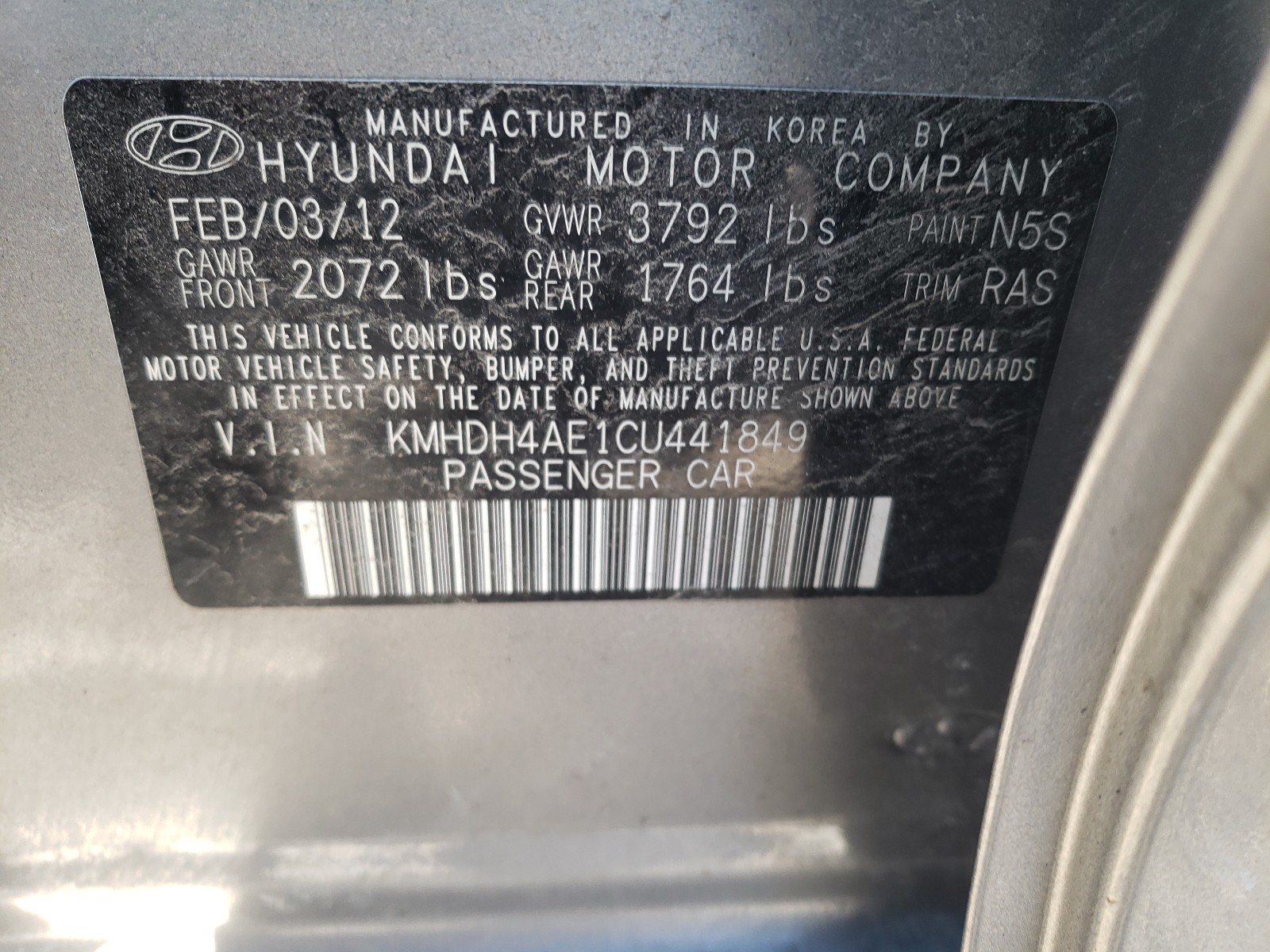 Photo 9 VIN: KMHDH4AE1CU441849 - HYUNDAI ELANTRA GL 