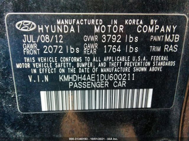 Photo 8 VIN: KMHDH4AE1DU600211 - HYUNDAI ELANTRA 