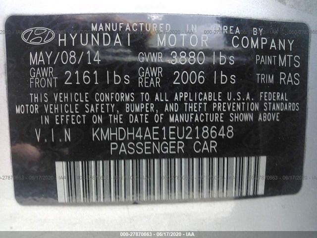 Photo 8 VIN: KMHDH4AE1EU218648 - HYUNDAI ELANTRA 