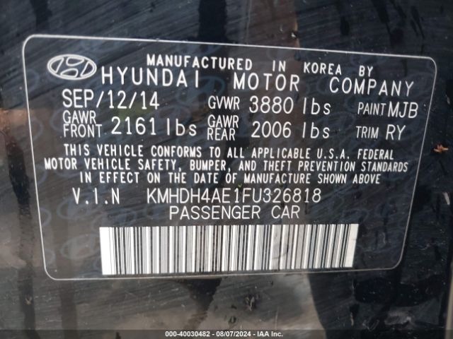 Photo 8 VIN: KMHDH4AE1FU326818 - HYUNDAI ELANTRA 