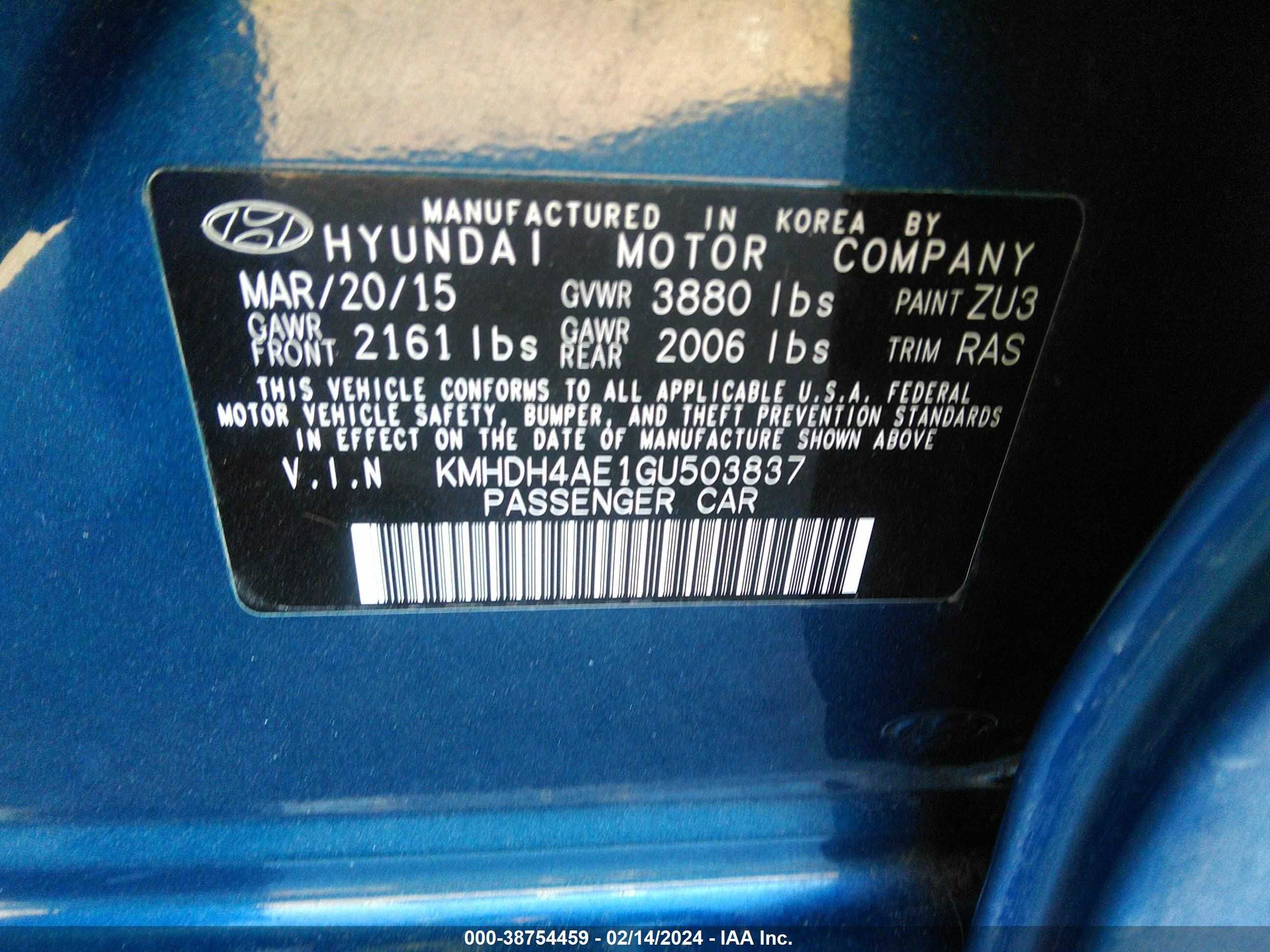 Photo 8 VIN: KMHDH4AE1GU503837 - HYUNDAI ELANTRA 