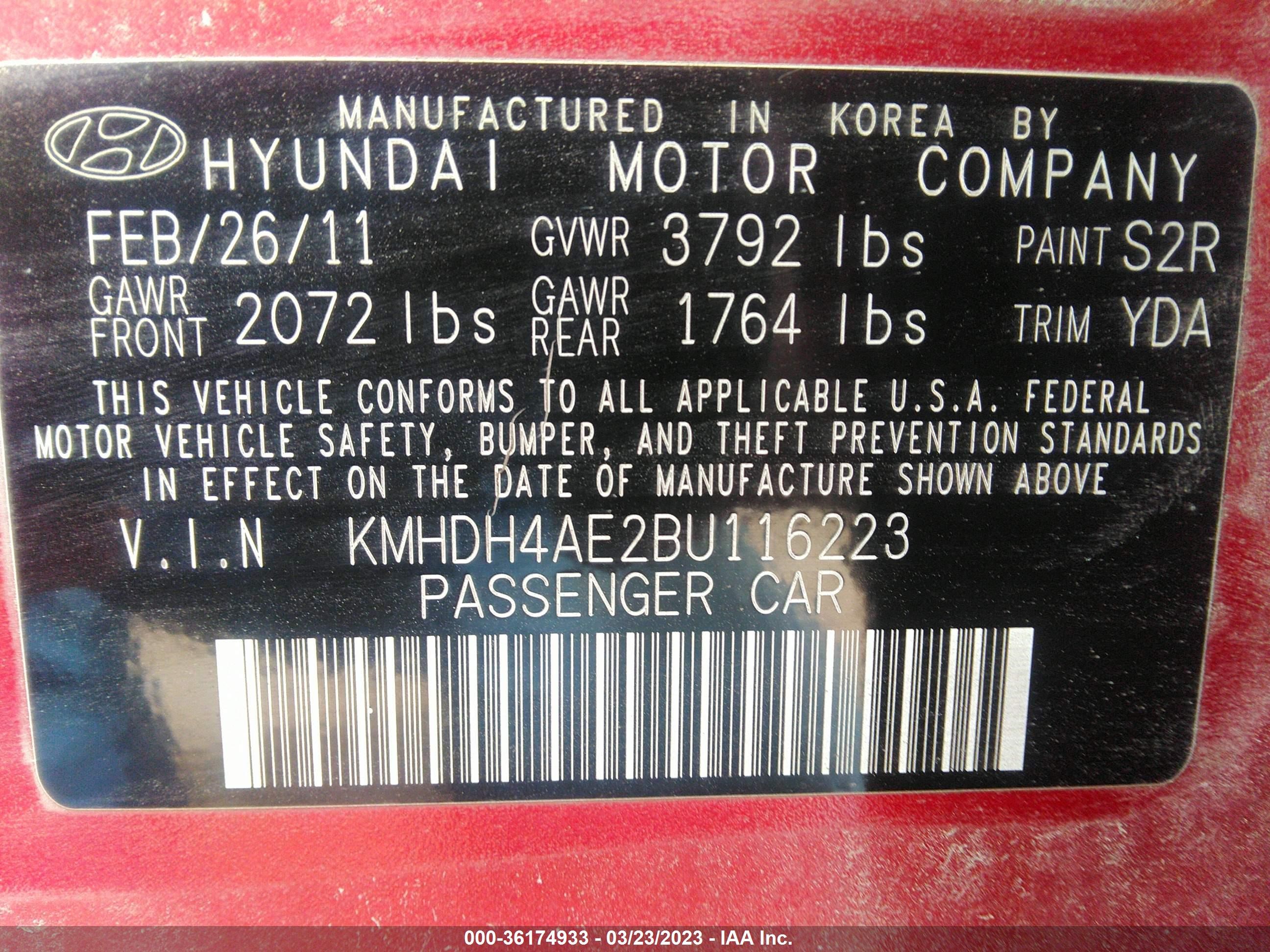 Photo 8 VIN: KMHDH4AE2BU116223 - HYUNDAI ELANTRA 