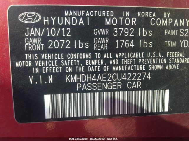 Photo 8 VIN: KMHDH4AE2CU422274 - HYUNDAI ELANTRA 