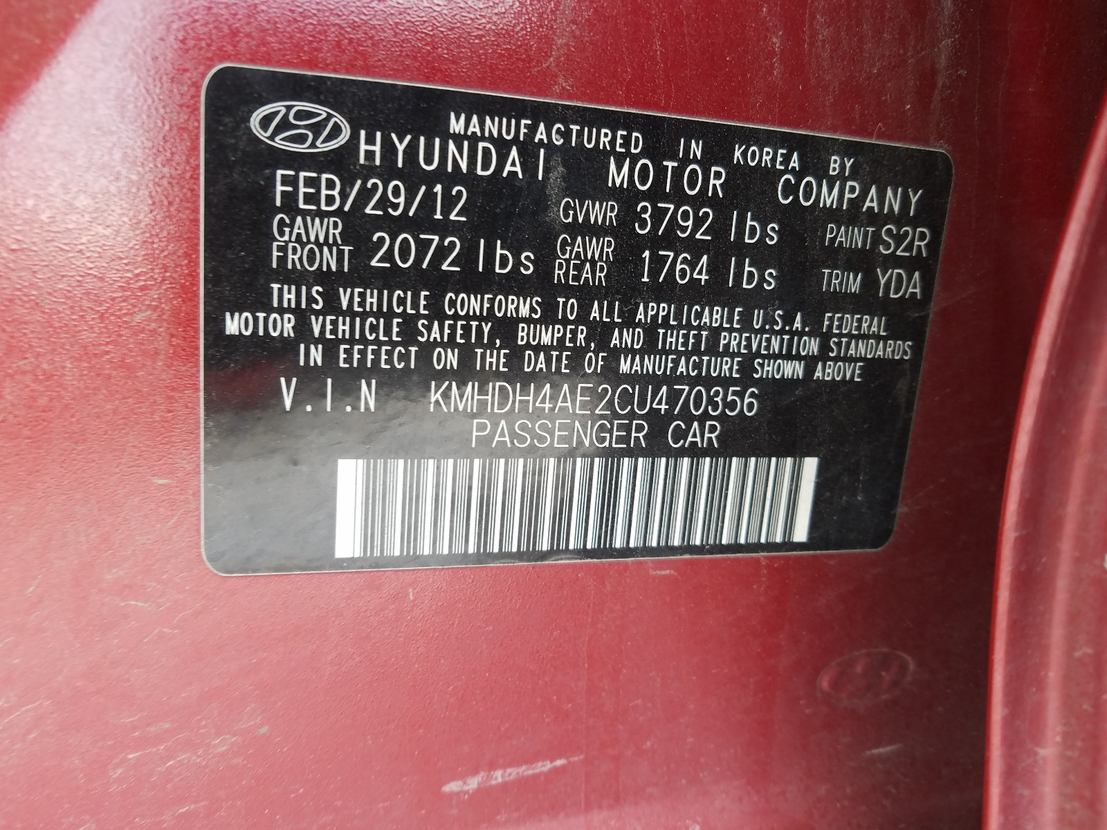 Photo 9 VIN: KMHDH4AE2CU470356 - HYUNDAI ELANTRA GL 