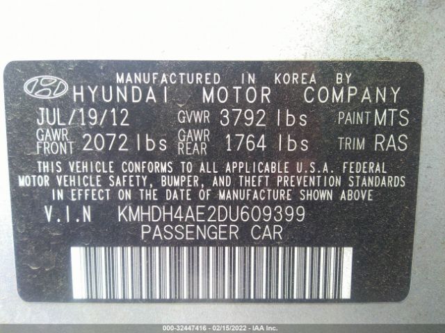 Photo 8 VIN: KMHDH4AE2DU609399 - HYUNDAI ELANTRA 