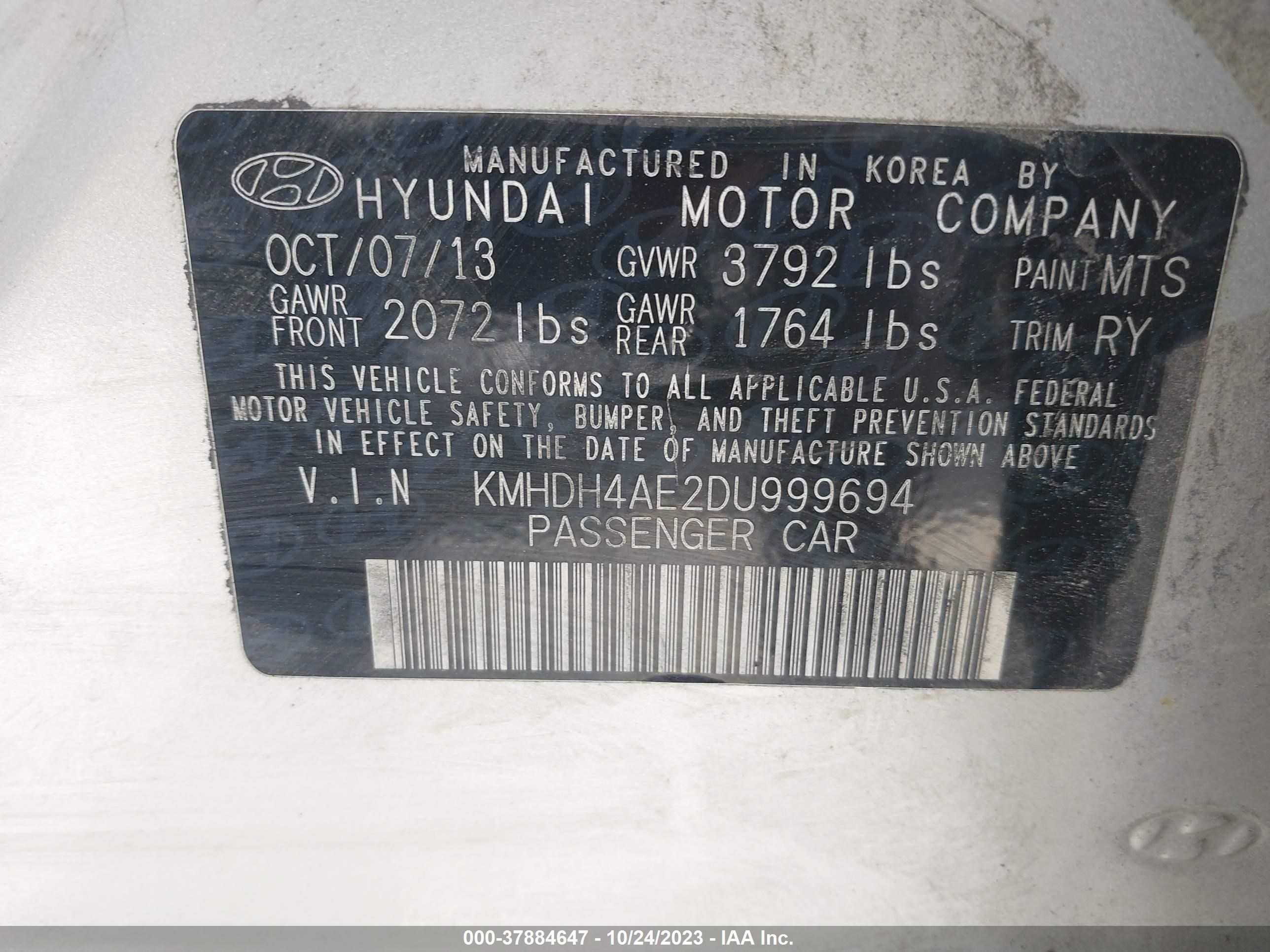 Photo 8 VIN: KMHDH4AE2DU999694 - HYUNDAI ELANTRA 