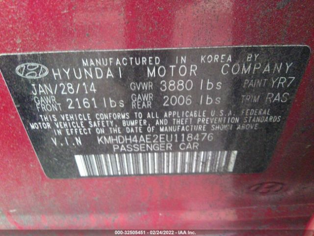 Photo 8 VIN: KMHDH4AE2EU118476 - HYUNDAI ELANTRA 