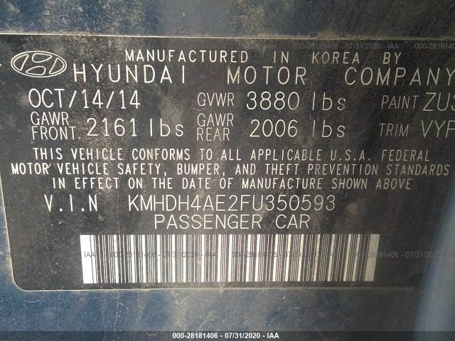 Photo 8 VIN: KMHDH4AE2FU350593 - HYUNDAI ELANTRA 