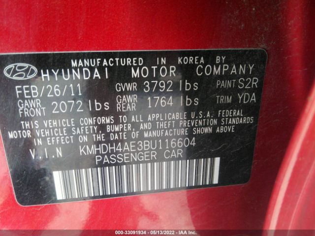 Photo 8 VIN: KMHDH4AE3BU116604 - HYUNDAI ELANTRA 