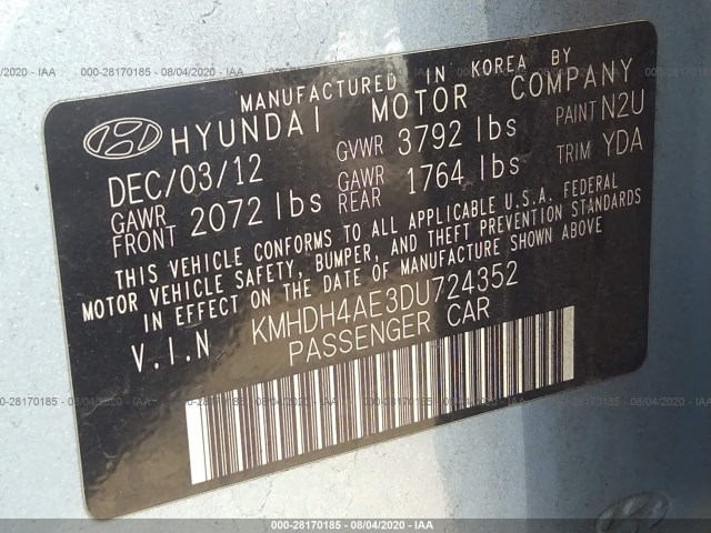 Photo 8 VIN: KMHDH4AE3DU724352 - HYUNDAI ELANTRA 