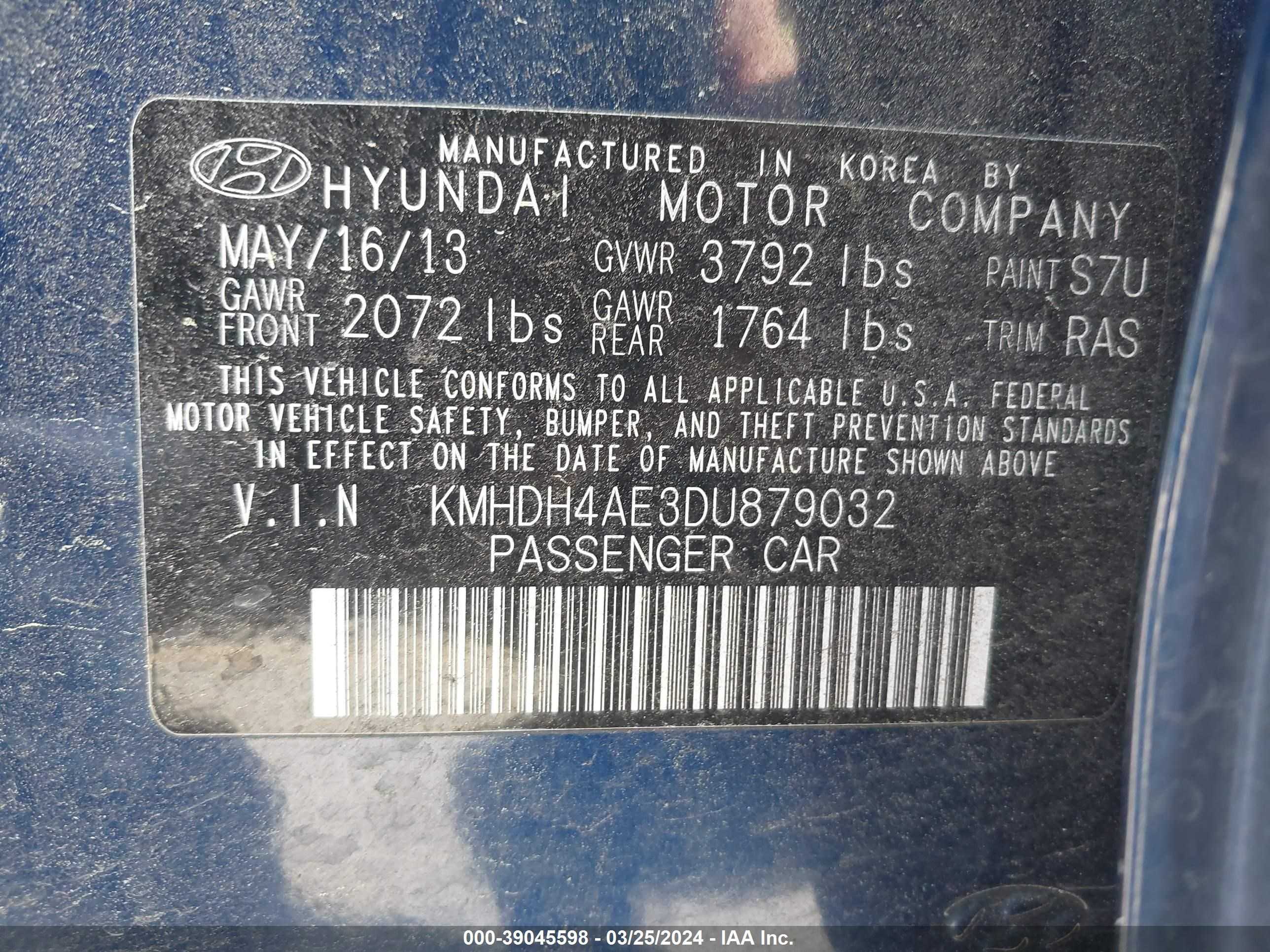 Photo 8 VIN: KMHDH4AE3DU879032 - HYUNDAI ELANTRA GL 