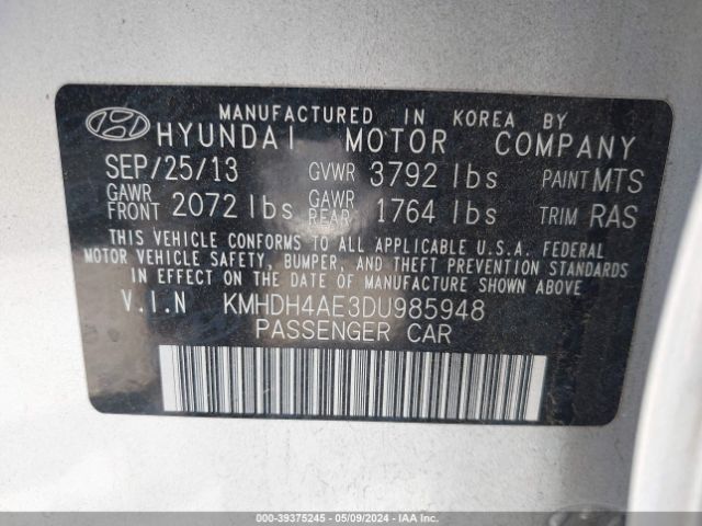 Photo 8 VIN: KMHDH4AE3DU985948 - HYUNDAI ELANTRA 