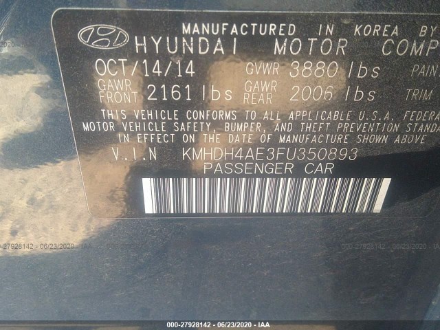 Photo 8 VIN: KMHDH4AE3FU350893 - HYUNDAI ELANTRA 