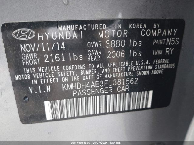 Photo 8 VIN: KMHDH4AE3FU381562 - HYUNDAI ELANTRA 