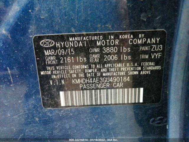 Photo 8 VIN: KMHDH4AE3GU490184 - HYUNDAI ELANTRA 