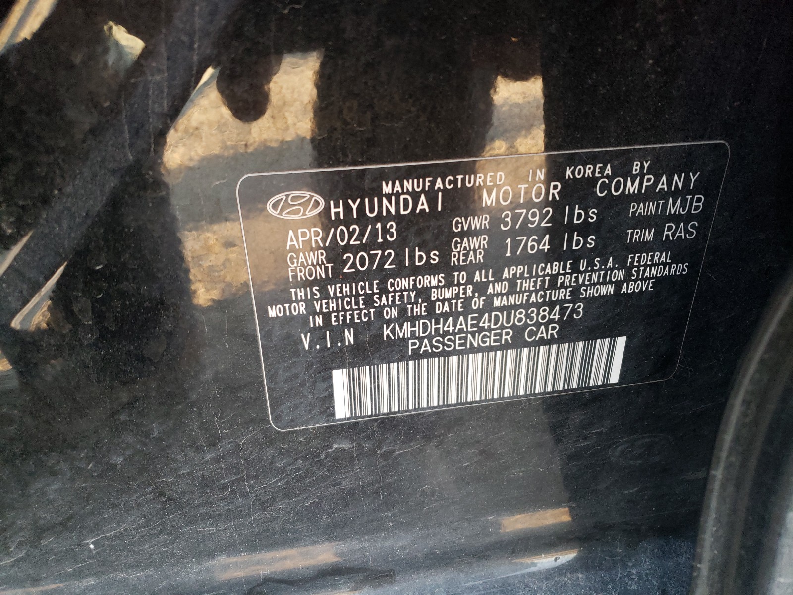 Photo 9 VIN: KMHDH4AE4DU838473 - HYUNDAI ELANTRA GL 