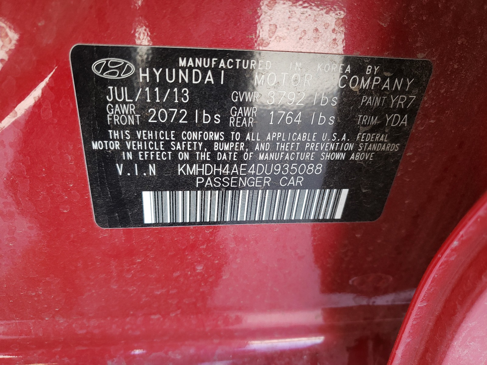 Photo 9 VIN: KMHDH4AE4DU935088 - HYUNDAI ELANTRA GL 