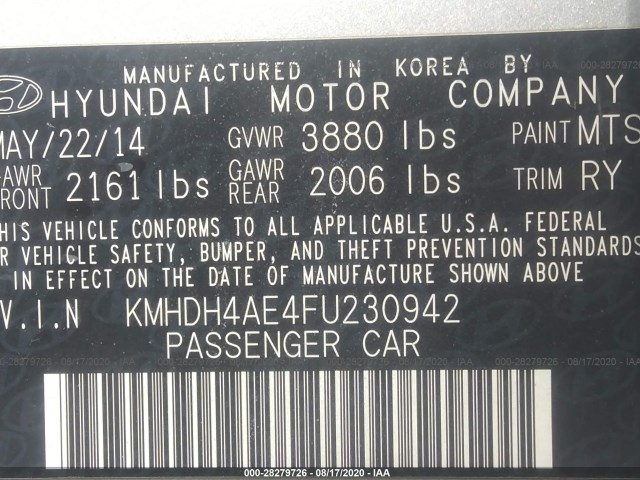 Photo 8 VIN: KMHDH4AE4FU230942 - HYUNDAI ELANTRA 