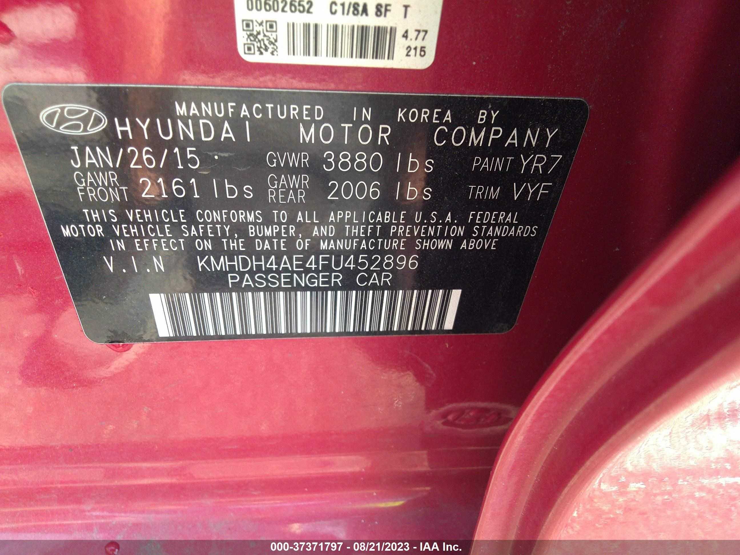 Photo 8 VIN: KMHDH4AE4FU452896 - HYUNDAI ELANTRA 