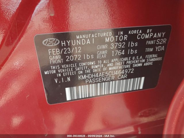 Photo 8 VIN: KMHDH4AE5CU464972 - HYUNDAI ELANTRA 