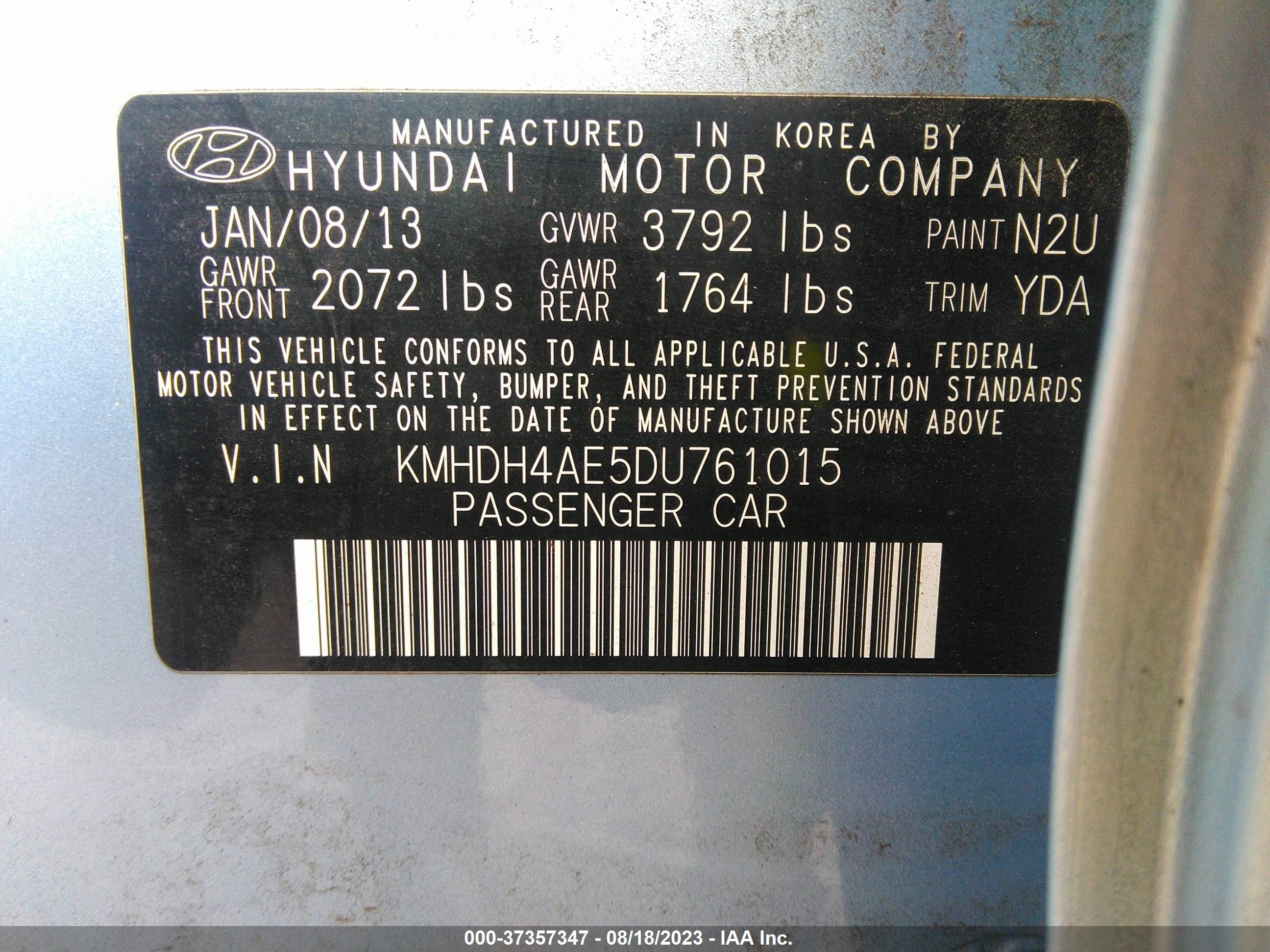 Photo 8 VIN: KMHDH4AE5DU761015 - HYUNDAI ELANTRA GL 