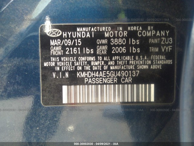 Photo 8 VIN: KMHDH4AE5GU490137 - HYUNDAI ELANTRA 